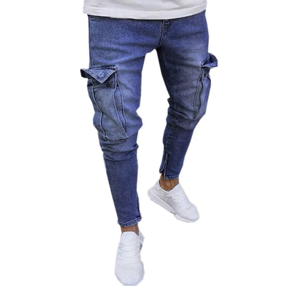 Мужские джинсовые ткани Пант Проблемные Ripped Freyed Slim Fit карман джинсы Широкие брюки