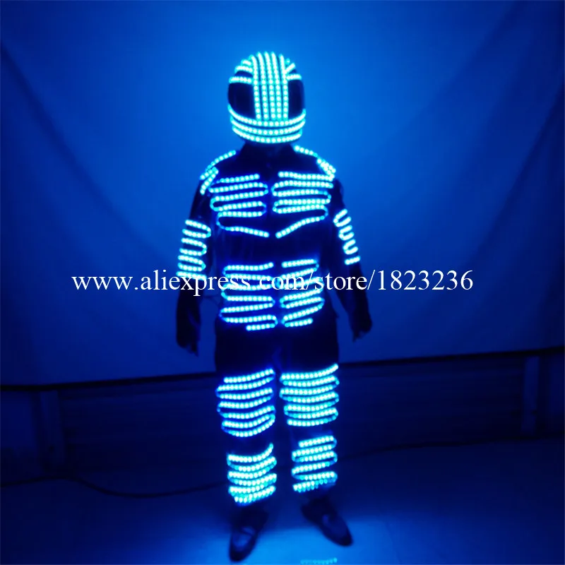 Цветной светодиодный светящийся мужской костюм робота со светодиодным шлемом