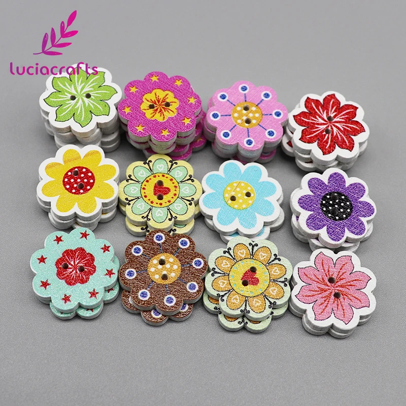 Lucia craft 50 шт./лот 2 см деревянные пуговицы смешанные цветы DIY пуговица из натурального дерева 2-отверстия скрапбук Швейные аксессуары E0233