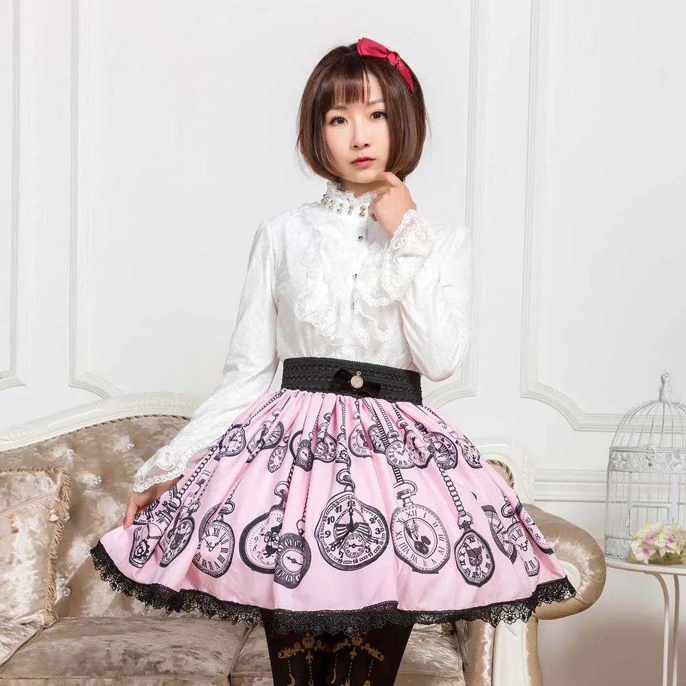 Милые розовые карманные часы Mori Girl с короткой юбкой и принтом для лета|short skirt|printed