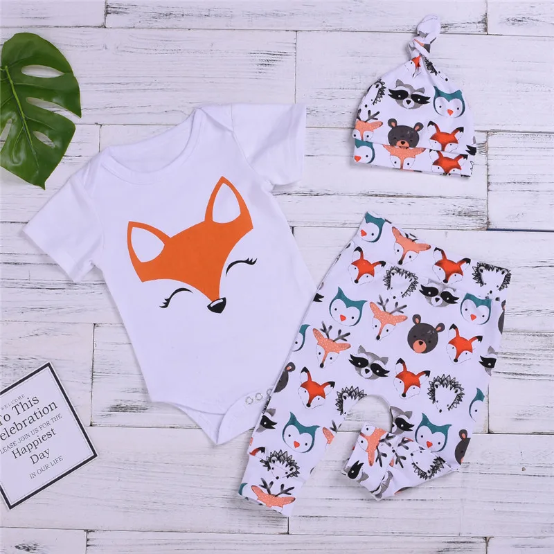 Baby Clothing Toddler Girl Boy Clothes Cartoon Fox Print Tops Body Suits Romper Pants Hat 2pcs Outfits Bebe Set | Детская одежда и