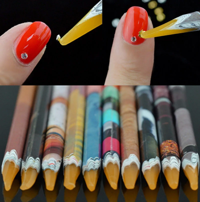 

2Pcs Crayon Wax Dotting Pen Pencil Self-adhesive Rhinestones Gems Picking Picker Tips Tools DIY Nail Art 669