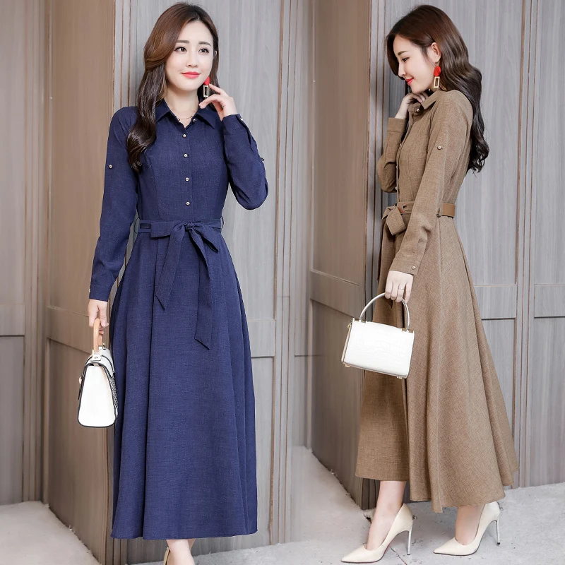 

Dress For Women Spring New Korean Version With Belt Long-Sleeved Cotton And Linen Slim Temperament Dress The Dress Is Female