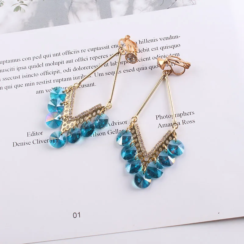 Clip Blue JIOFREE, новинка, хрустальные стразы, длинные, не прокалываются, Ушная клипса, серьги для женщин, девушек, массивные серьги, ювелирное изделие, изысканный подарок - Окраска металла: Clip Blue