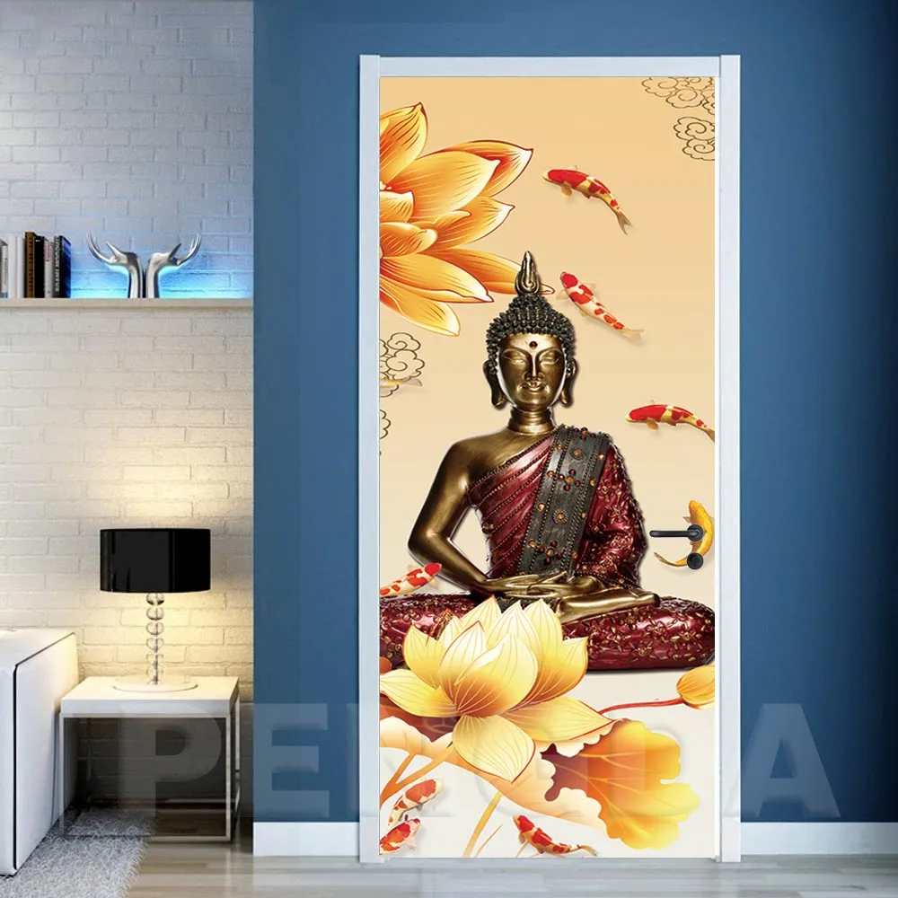 3D холст домашний декор дверь Будда Цветок самоклеящиеся наклейки ПВХ постер