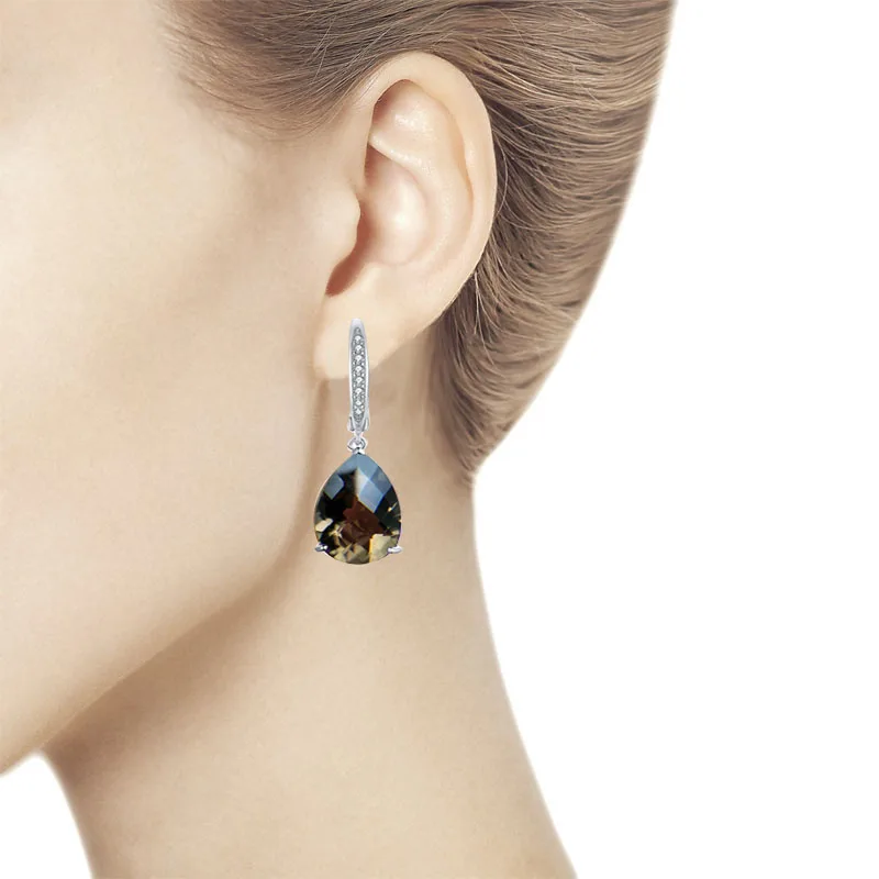 TBJ, натуральный дымчатый кварц, шахматная огранка, 15.5ct, настоящий драгоценный камень, висячие серьги с застежкой, серебро 925 пробы, хорошее ювелирное изделие для женщин