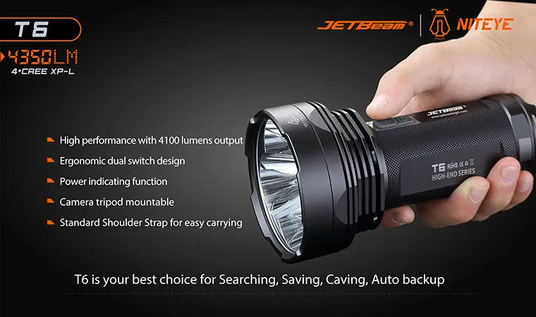 Jetbeam T6 4* CREE XP-L светодиодный максимальный выход 4350 люмен Максимальное расстояние луча 750 м