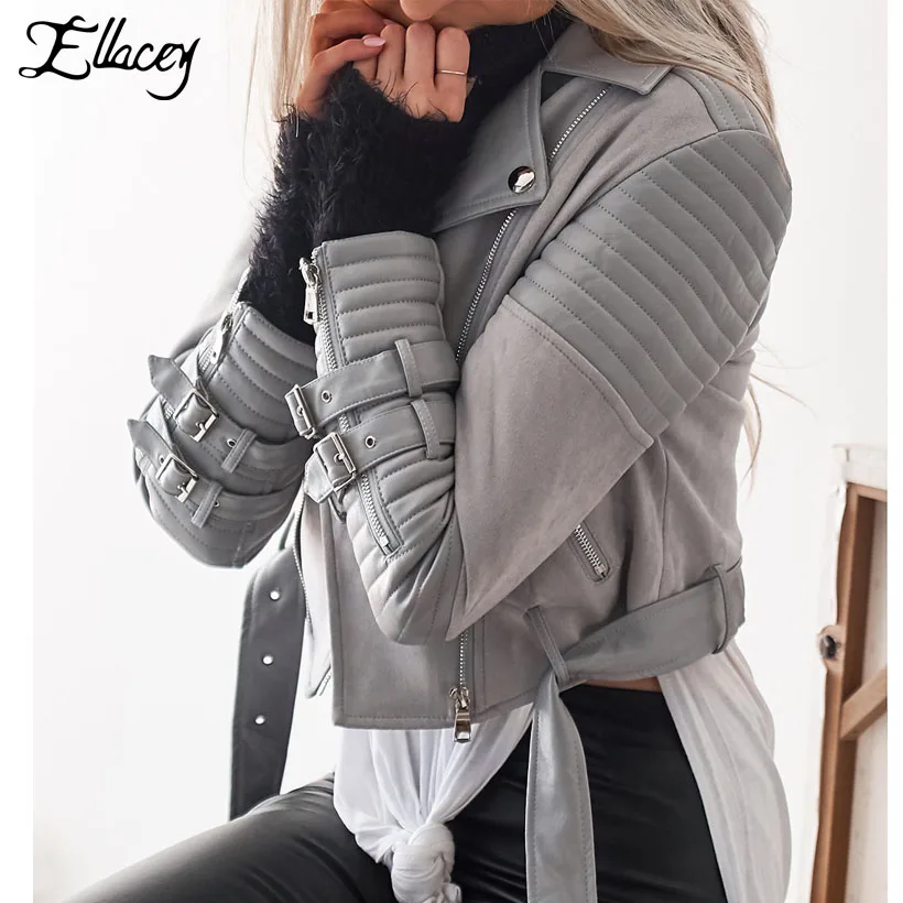 Женская кожаная куртка Ellacey Черная/серая с отложным воротником из искусственной