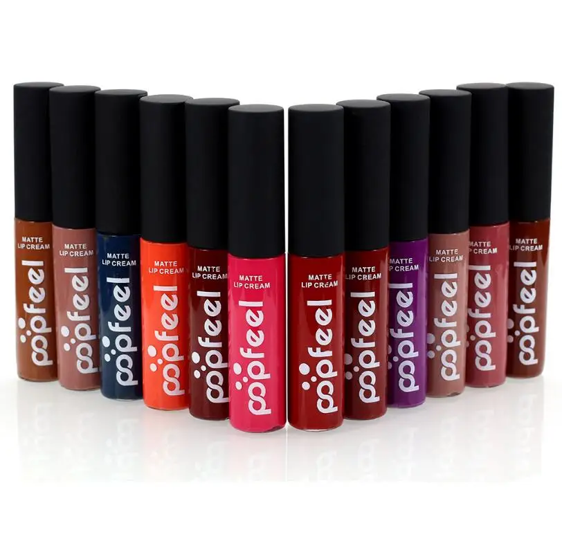 Brand Popfeel 12 Color Liquid Lip Gloss Makeup Waterproof batom Tint Red Velvet Matte Lipstick lips tattoo |
