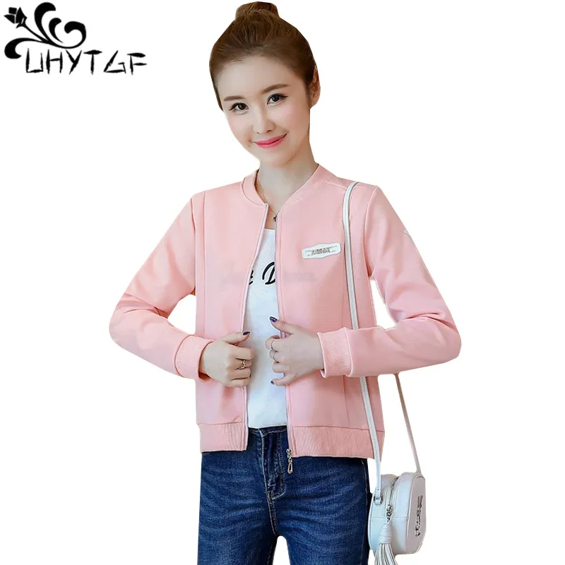

UHYTGF New Autumn jacket women Cute girl short coat Red black pink elegant plus size top outerwear zipper Slim Female jacket 481