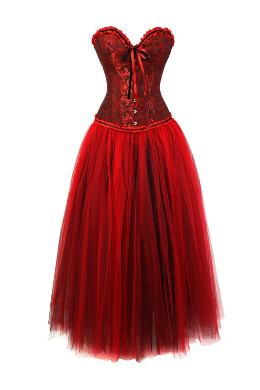 8197019 RED Sapubonva корсеты для платьев, костюмы на Хэллоуин, большие размеры, черная и красная длинная юбка из фатина, бюстье, корсет, викторианские сексуальные платья - Цвет: 8197019 RED