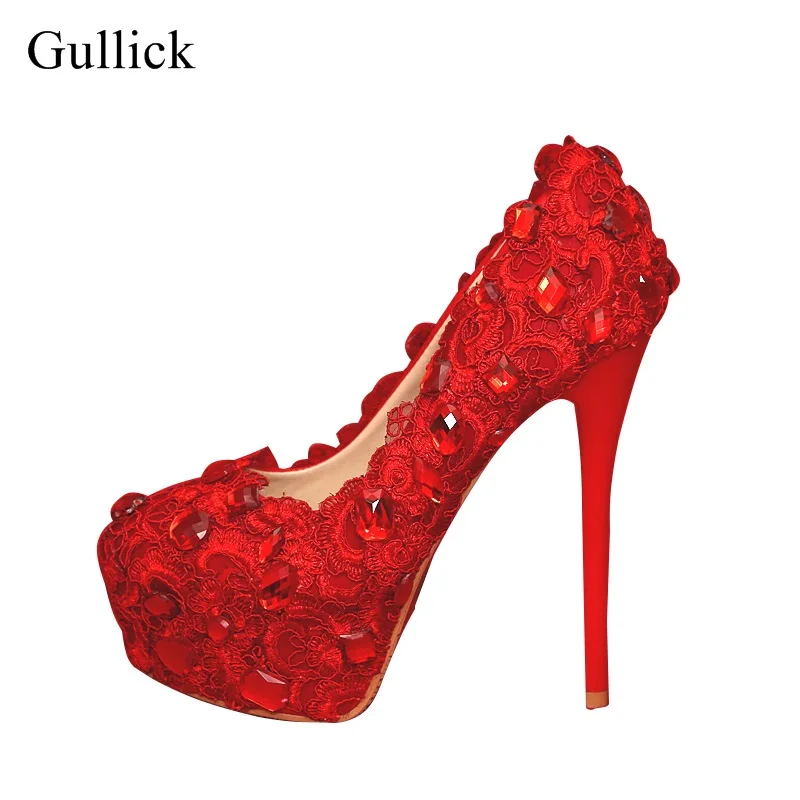 

Gullick Brand Women Red Lace High Heel Shoes Crystal High Platform Heels Wedding Dress Shoes Round Toe 14CM Party Shoes