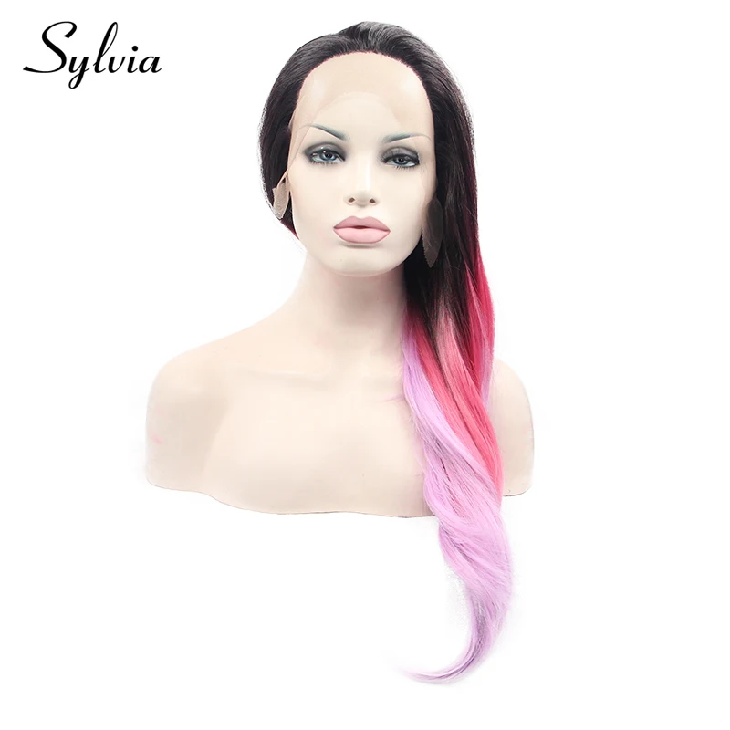 Sylvia красный до розовый Ombre шелковистые прямые синтетические парики с темными