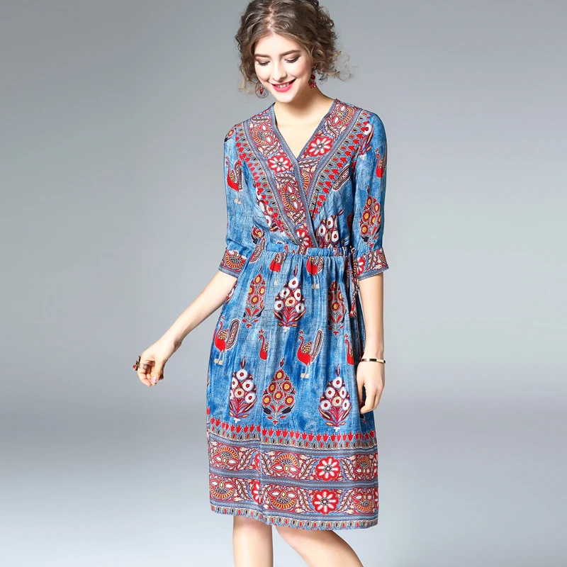 Высокое качество 100% шелковое платье женское с принтом Платья v-образным вырезом