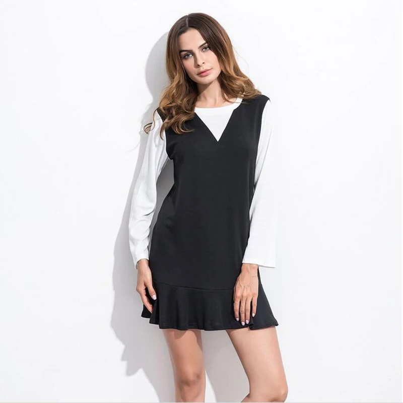 Платье Осень Женщины Vestidos Украина Шить С Длинными Рукавами Черный Короткие