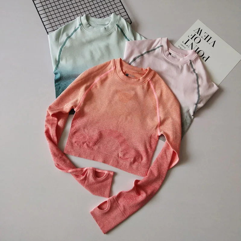 

Ombre Crop Top Yoga Shirts for Women Seamless Long Sleeve Workout Tops Gym Shirts with Thumb Hole Fitness Crop Top Camisas Mujer
