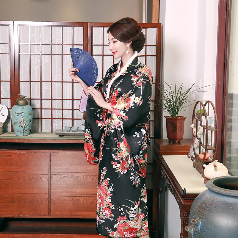 Loose Dress Japanese Style Print Yukata With Obi Black Stage Performance Clothing Sexy Women Satin Kimono Bathrobe Gown | Тематическая