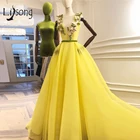 Женское вечернее платье, светло-желтое ТРАПЕЦИЕВИДНОЕ ПЛАТЬЕ с объемным цветком и V-образным вырезом, на шнуровке, для выпускного вечера