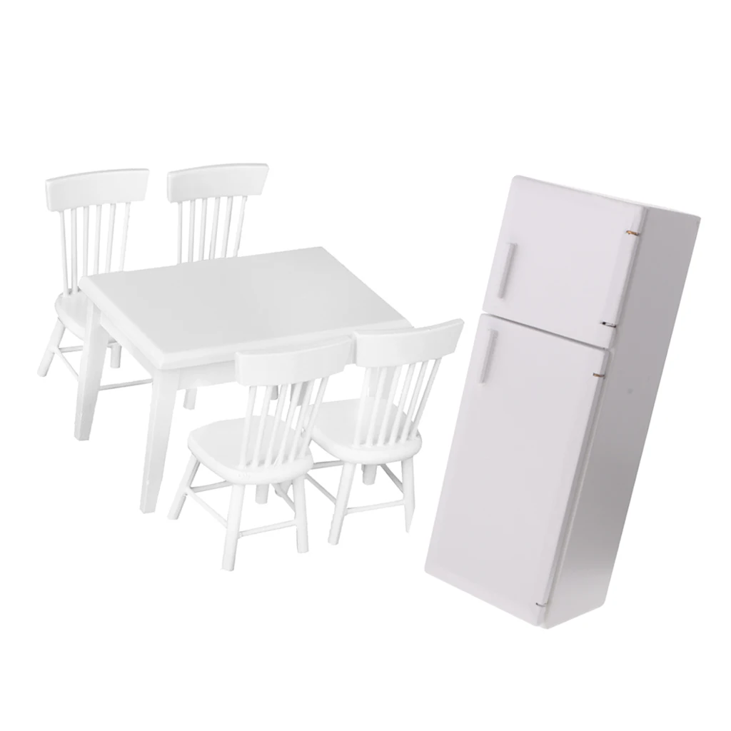 

1/12 Dollhouse Modern Sense Kitchen Decor Refrigerator & White 5pcs Table Chair Set Accessories