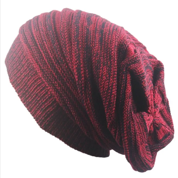 red beanie Мятая шапочка для уличных танцев, Женская Полосатая ребристая шапочка, громоздкая хипстерская шапка с ушками, теплая вязаная зимняя шапка ручной работы для женщин - Цвет: red beanie