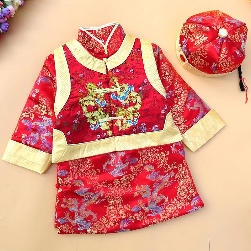 3pcs Red Весенний фестиваль для маленьких мальчиков Детский костюм, Детский костюм из 3 шт./компл. узор в виде дракона год Китайская традиционная Костюмы детский праздничный костюм на день рождения - Цвет: 3pcs Red