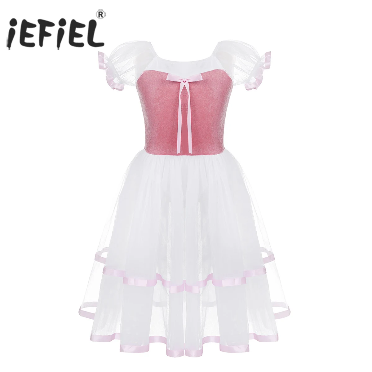 

Kids Girls Professional Ballet Tutu Dance Costumes Puff Sleeves Bowknot Velvet Top Bodice Ballerina Gymnastics Leotard Dress