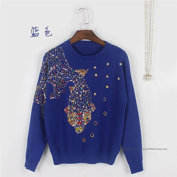 2020 Luxury Runway New Fashion Blue Heavy Embroidery Flowers Sweater Crystals Beading Knitwear Women Sweaters Pullover AW360 | Женская
