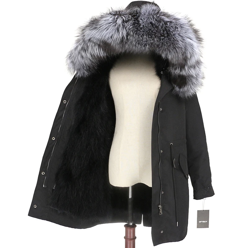 black black silver Женская меховая куртка OFTBUY, водонепроницаемая парка песочного цвета с подкладкой из натурального кроличьего меха, с меховой отделкой на капюшоне, верхняя одежда зима - Цвет: black black silver