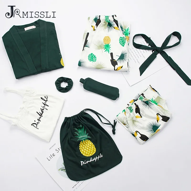 JRMISSLI осень 7 шт. комплект хлопок ананас женские пижамы полный шорты с длинным