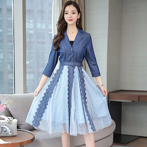 Винтажное платье-комбинезон с нашивками для офисных леди, женская сетчатая кружевная джинсовая синяя платье с высокой талией и прозрачными платьями на подиуме.