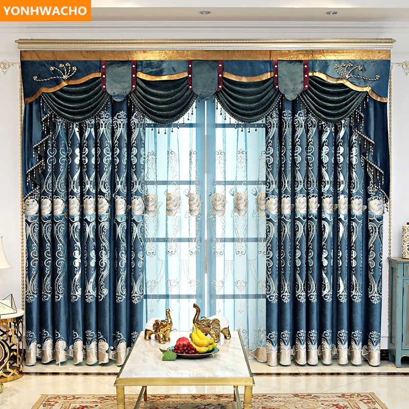 

Custom curtains Export high-grade simple European chenille embroidered blue cloth blackout curtain tulle valance drape B448