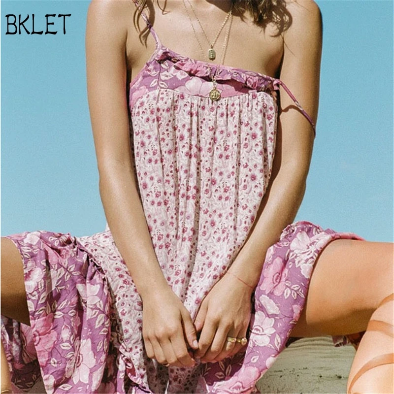2018 богемный контраст цвет цветочный принт спагетти ремень платье розовый