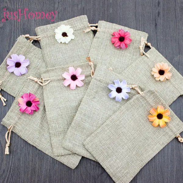 

20pcs/lot Handmade 10x15cm Rustic Natural Burlap Gift Bags Vintage Drawstring Hessian Party Favor Pouches Wedding Decoration