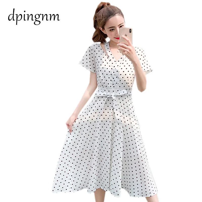 Элегантное шифоновое женское платье в горошек с круглым вырезом коротким