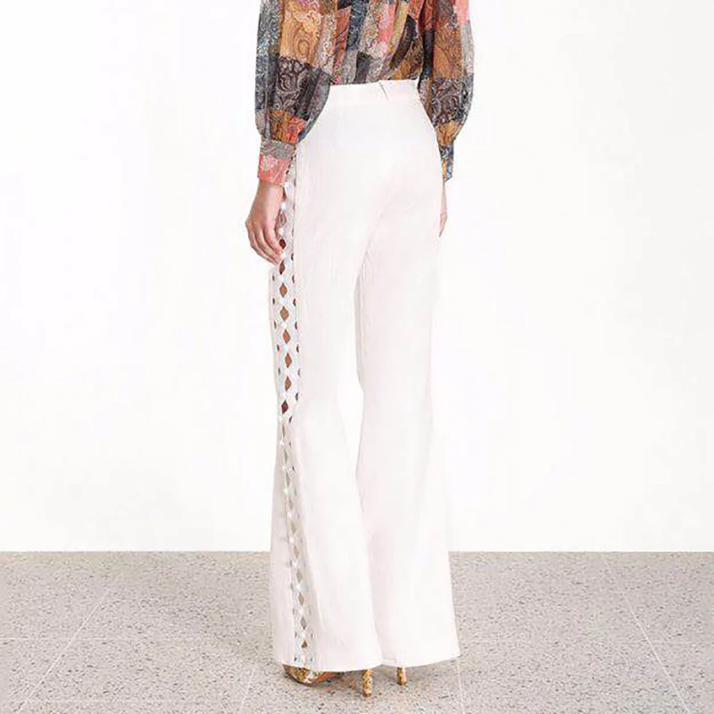 MIAOQING Casualsolidcolorhollow-out women'stunic high-neckbubble-sleevotoslimbody wide-legtrouserstwo-pieceelegantspring2019