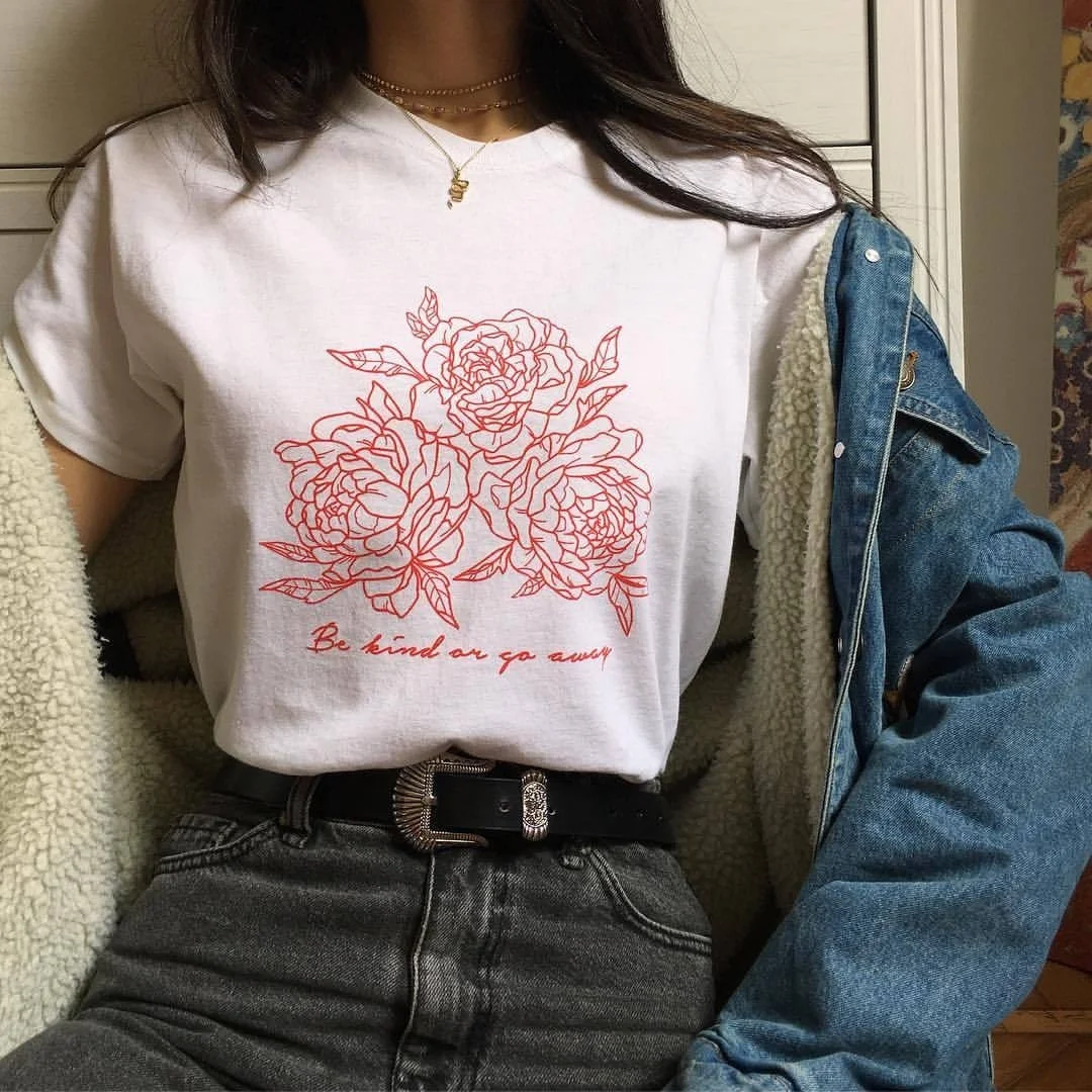 

HAHAYULE J Be Kind Or Go Away Rose Print Tumblr Grunge Aesthetic T-Shirt Vintage Hipsters Cute Tee