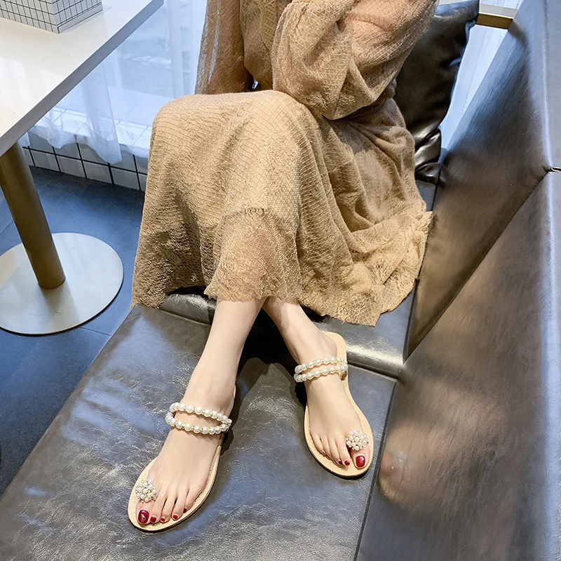 Женские шлепанцы новинка 2019 женские сланцы пляжные с бусинами и жемчужинами