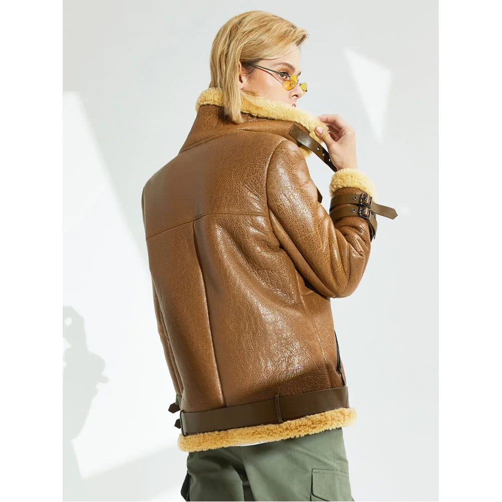 Women's B3 Shearling Jacket Women's Short Motorcycle Jacket Women's Winter Leather Warm Jacket