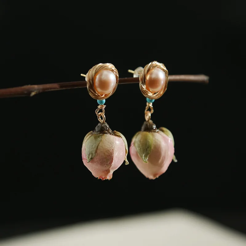 

wing yuk tak Romantic Handmade Natural Rose Dried Flowers Earrings For Women Freshwater Pearls Drop Earings Friend Gift