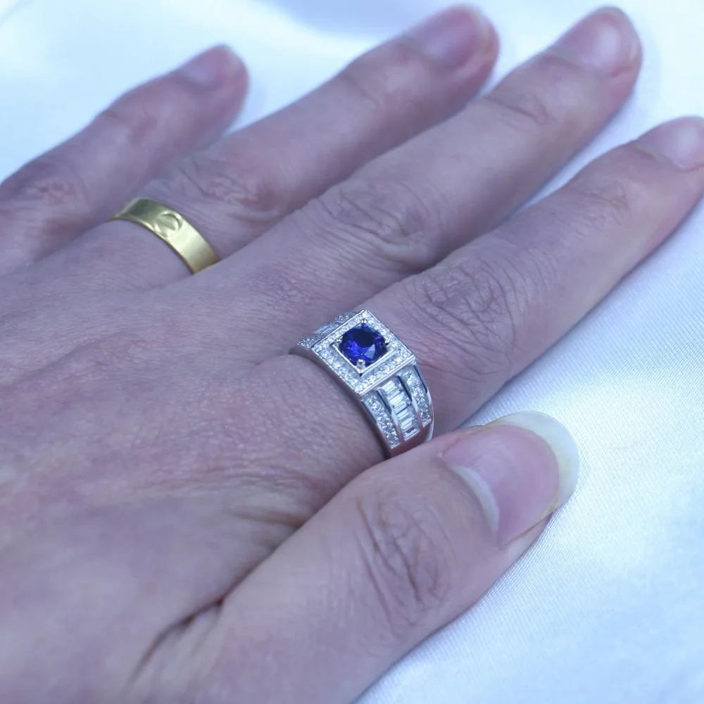 Настоящее Soild 925 пробы серебряные обручальные кольца для мужчин 1ct синий AAAAA