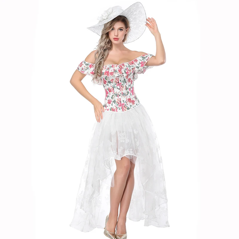 Women Summer Fashion White Off Shoulder White Printing Overbust Corset Dress Sexy Burlesque Lolita Corset Skirt Sets