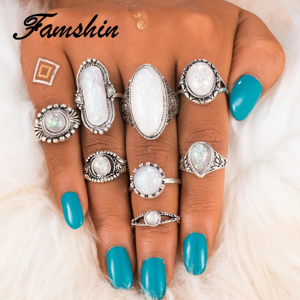 FAMSHIN 8 шт./компл. большой Опаловый камень комплект колец на фалангу для женщин