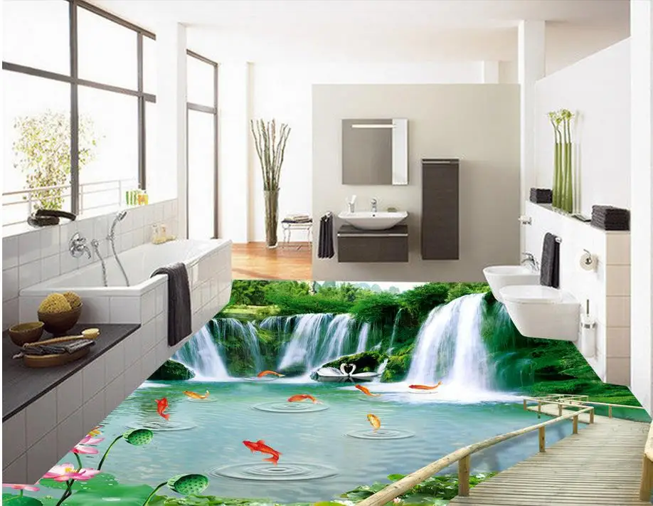 3d индивидуальные обои натуральный деревянный мост Водопад 3D пол ПВХ украшение