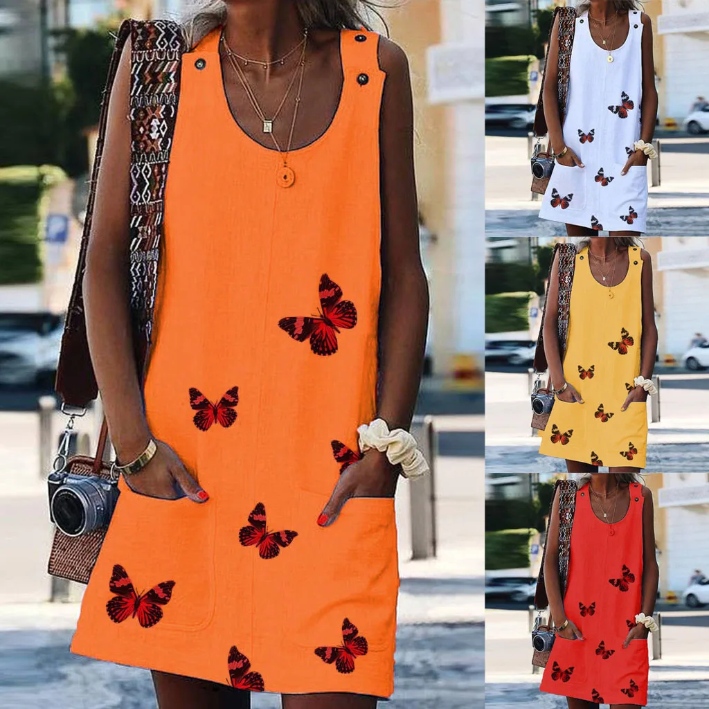 

Summer Women Butterfly Prints Sleeveless U Neck Sundress Button Pockets Mini Dress Causal Cocktail Party Night Dresse S-3XL Size