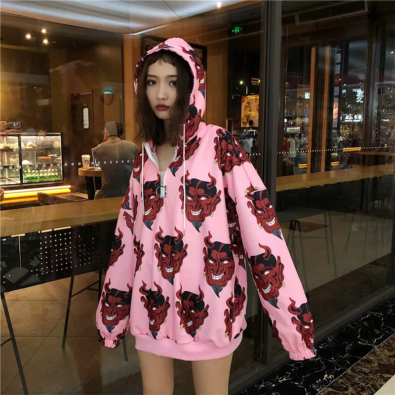 Толстовка с изображением дьявола Harajuku толстовки для женщин панк рок хип поп