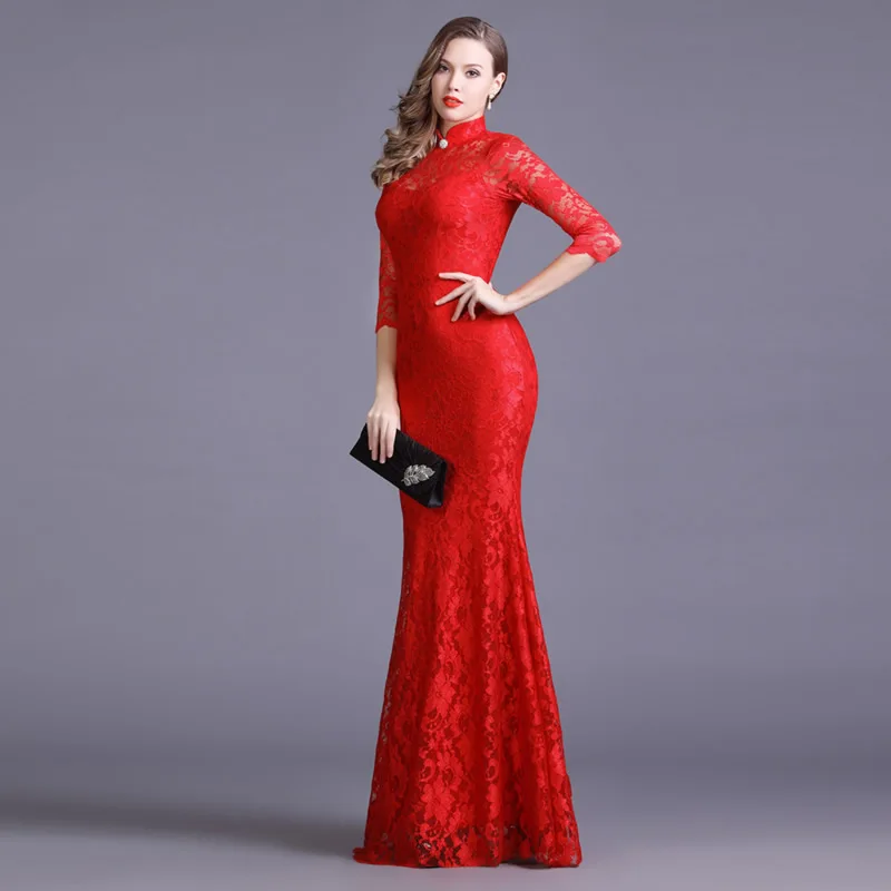 Эластичное кружевное длинное китайское вечернее платье Qipao, элегантное женское свадебное вечернее платье, красное платье-Русалка Cheongsam, Сексуальное Дешевое Qi Pao Chipao