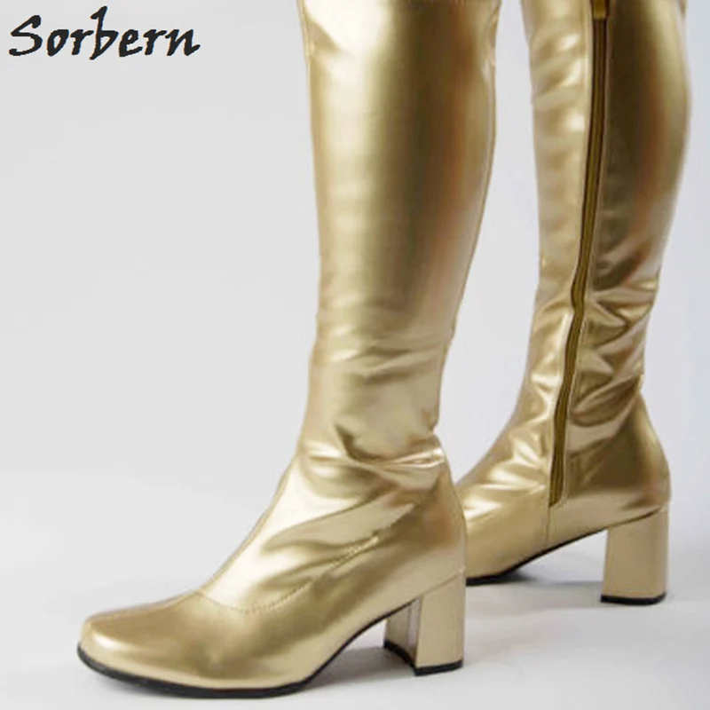 Gold Shiny Sorbern Custom расклешённые сапоги женские квадратные носки 70 S GOGO сапоги женские до середины бедра высокие сапоги блочный каблук старинная обувь на квадратном каблуке - Цвет: Gold Shiny