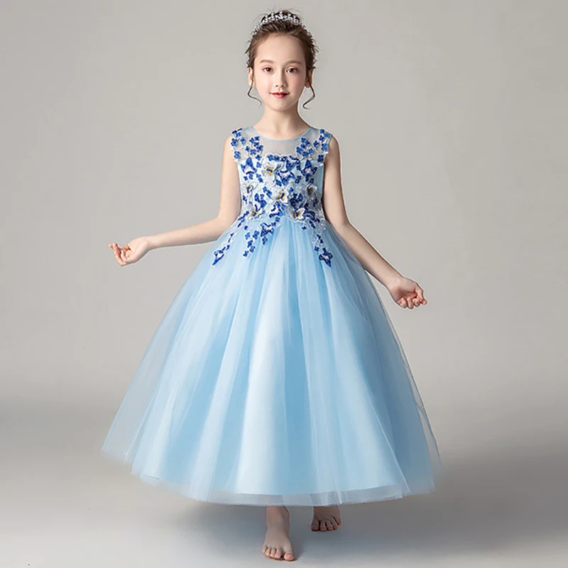 Elegant Girls Summer Dress 2019 Flower Party Dresses for 4 to 14 Years Sky Blue Long Princess Costume B4A2FA | Детская одежда и
