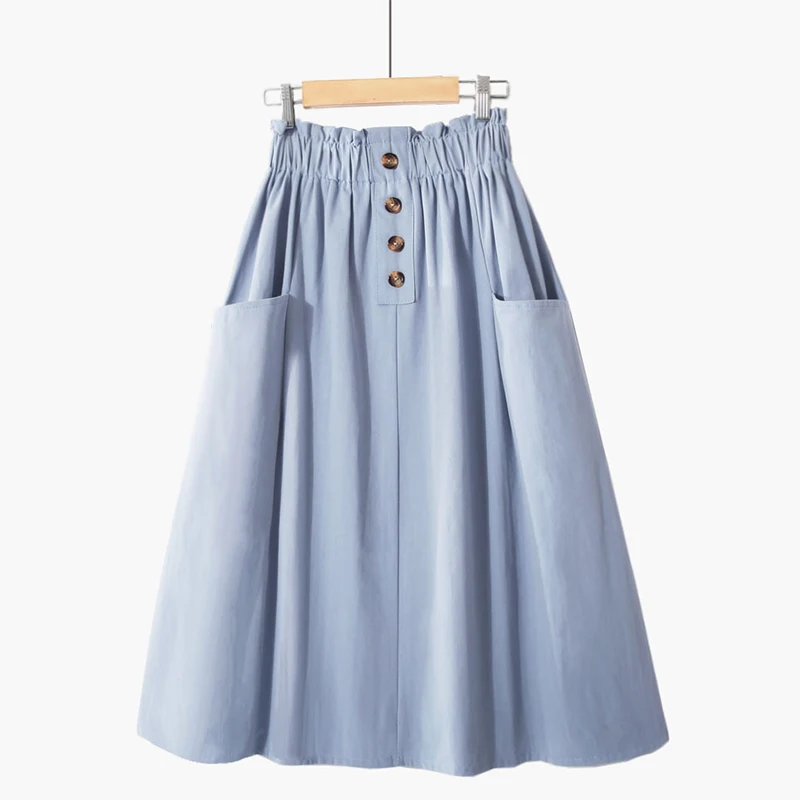 Light Blue Хлопковая женская юбка средней длины с высокой талией и карманами, осенняя черная уличная юбка на пуговицах, Женская Осенняя и летняя Свободная Женская одежда - Цвет: Light Blue