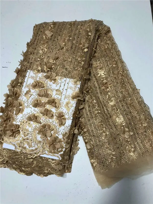 

Heavy French Dress Tulle Lace Latest Green/Gold African Embroidery Lace Fabric Luxury Handmade 3d flowers Beaded Lace Fabric